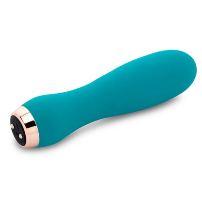 Turquoise handheld massager with rose gold accents on a white background