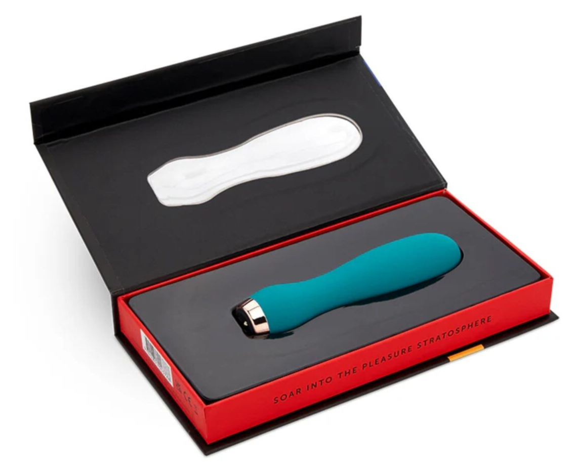 Turquoise handheld bullet vibrator in a red and black box on a white background