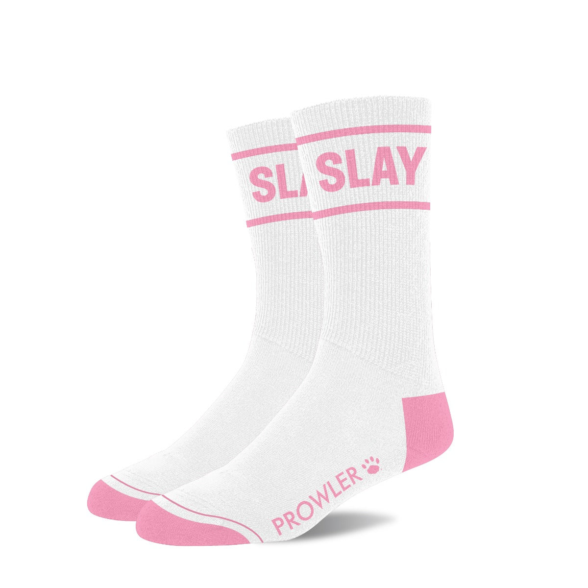 White socks with pink text and accents on a white background