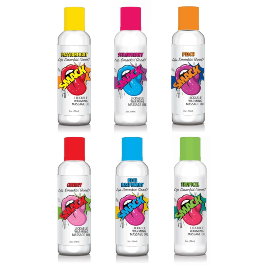 Six bottles of 'Smack' flavoured massage oil with colorful caps on a white background