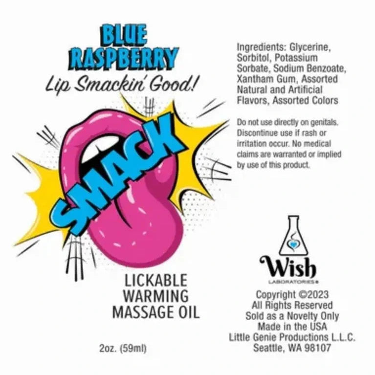 Label for Blue Raspberry Lickable Warming Massage Oil with colorful text and a cartoon character on a white background.