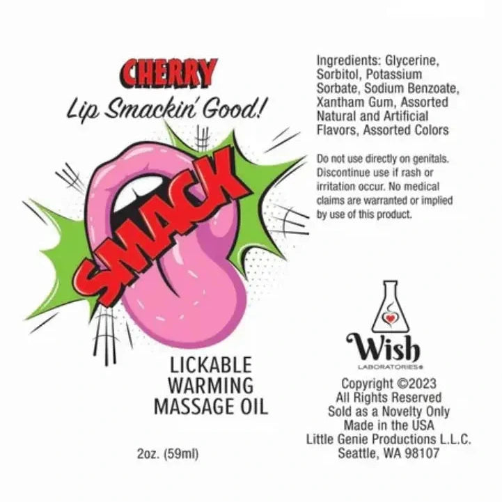 Label for a lickable warming massage oil with a pink and green design on a white background.