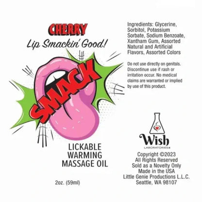 Label for a lickable warming massage oil with a pink and green design on a white background.