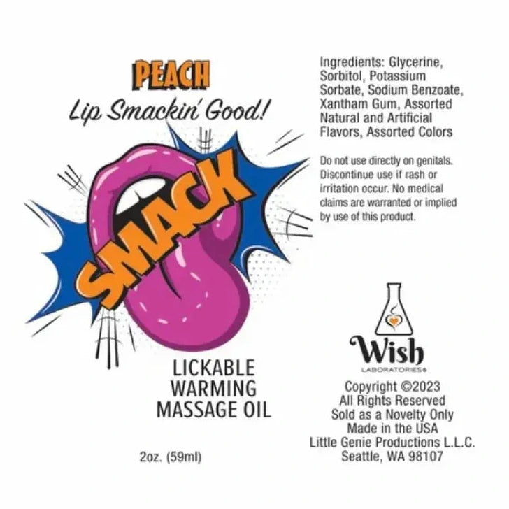 Label for Lickable Warming Massage Oil with 'Smack' branding on a white background