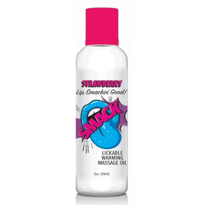 Bottle of Slick lickable warming massage oil with pink cap on white background
