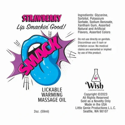 Label of a lickable warming massage oil with branding and product details.