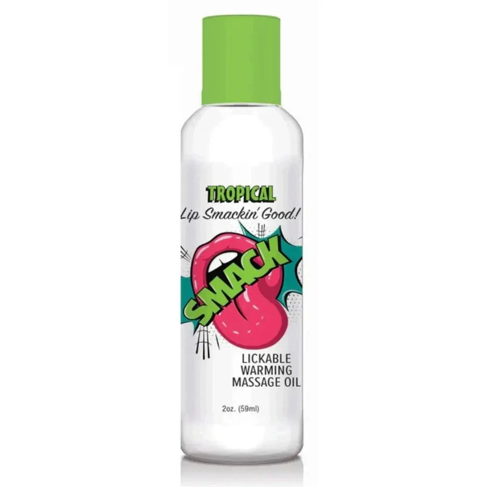 Bottle of Tropical Lip Smackin' Good! Snack Lickable Warming Massage Oil on a white background
