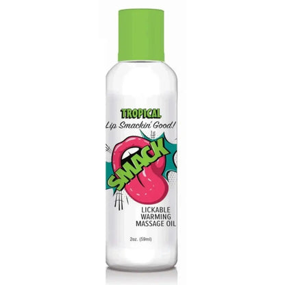 Bottle of Tropical Lip Smackin' Good! Snack Lickable Warming Massage Oil on a white background