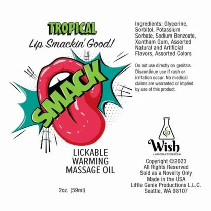 Label for lickable warming massage oil with colorful text and graphics on a white background
