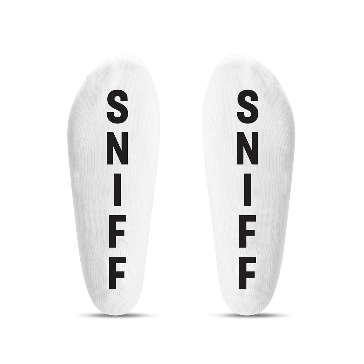 White socks with 'SNIFF' text on a white background