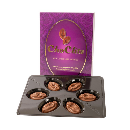 Chocolate products in a tray with a purple 'Cho Clits' box on a white background