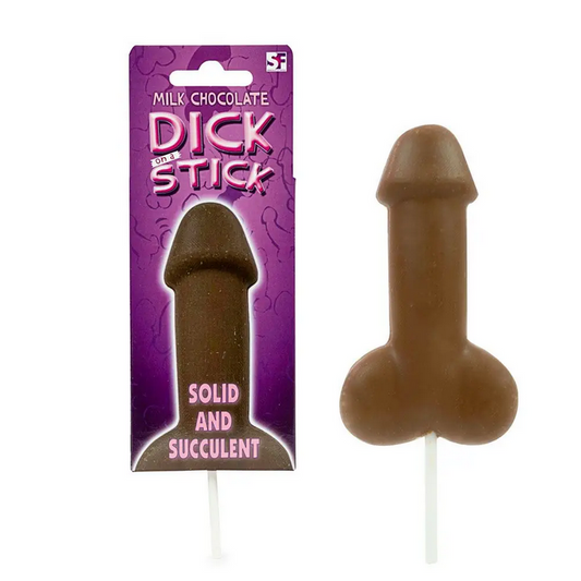 Milk chocolate 'Dick On A Stick' on with purple packaging.