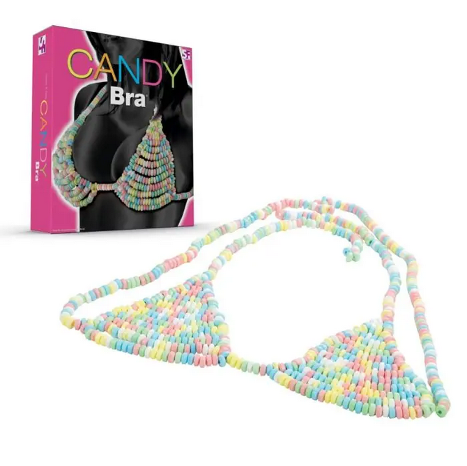 Colorful bra with packaging labeled 'Candy Bra' on a white background