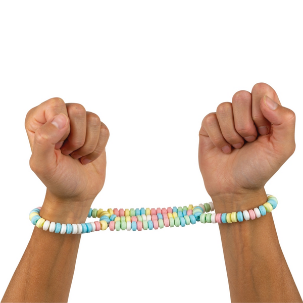 Two hands wearing candy beaded cuffs on a white background