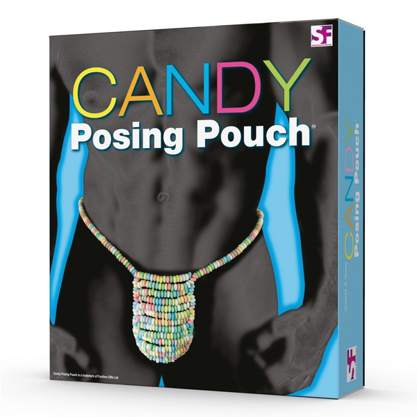Box for Candy Posing Pouch with colorful candy posing pouch on a black background