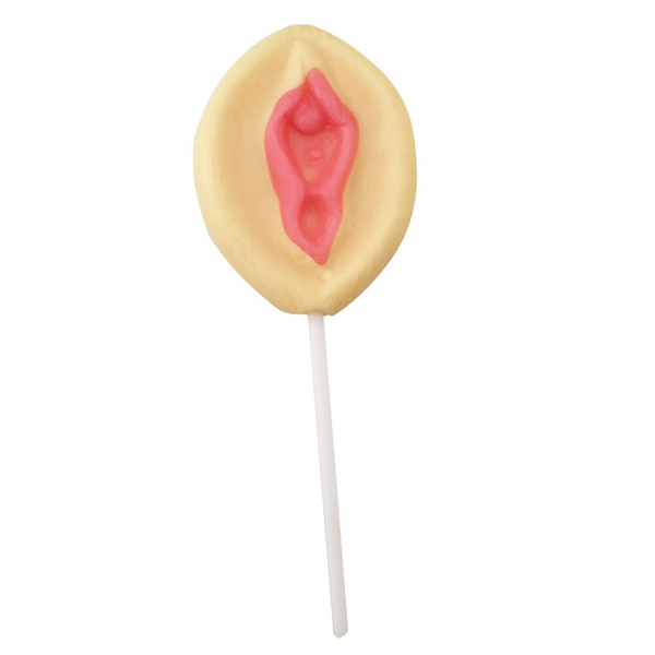 Pussy lollipop with a pick center on a white background
