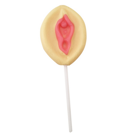 Pussy lollipop with a pick center on a white background