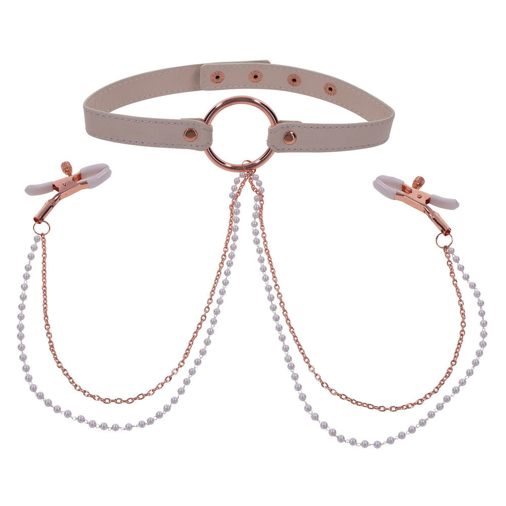 Sportsheets Sex & Mischief Peaches'n CreaMe Collar With Nipple Clamps on a white background