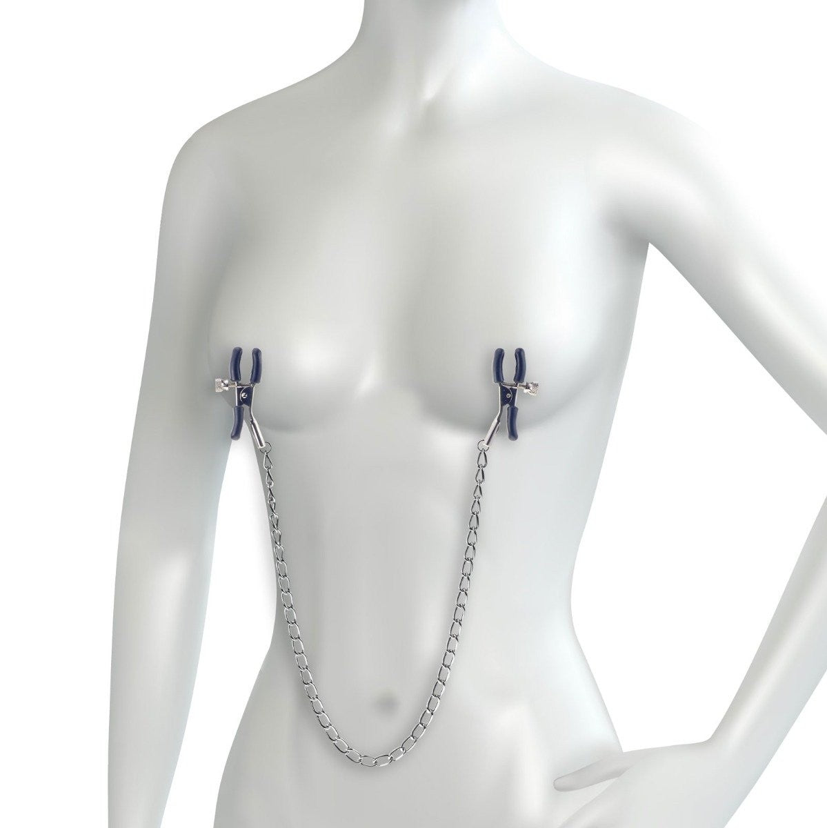 Mannequin wearing a nipple clamp bra with metal chain on a white background