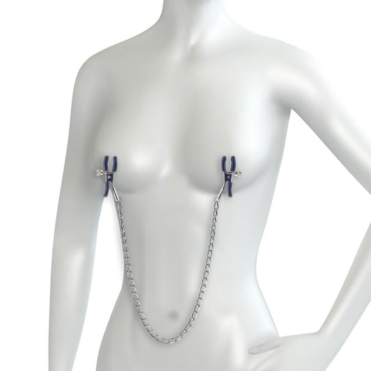 Mannequin wearing a nipple clamp bra with metal chain on a white background