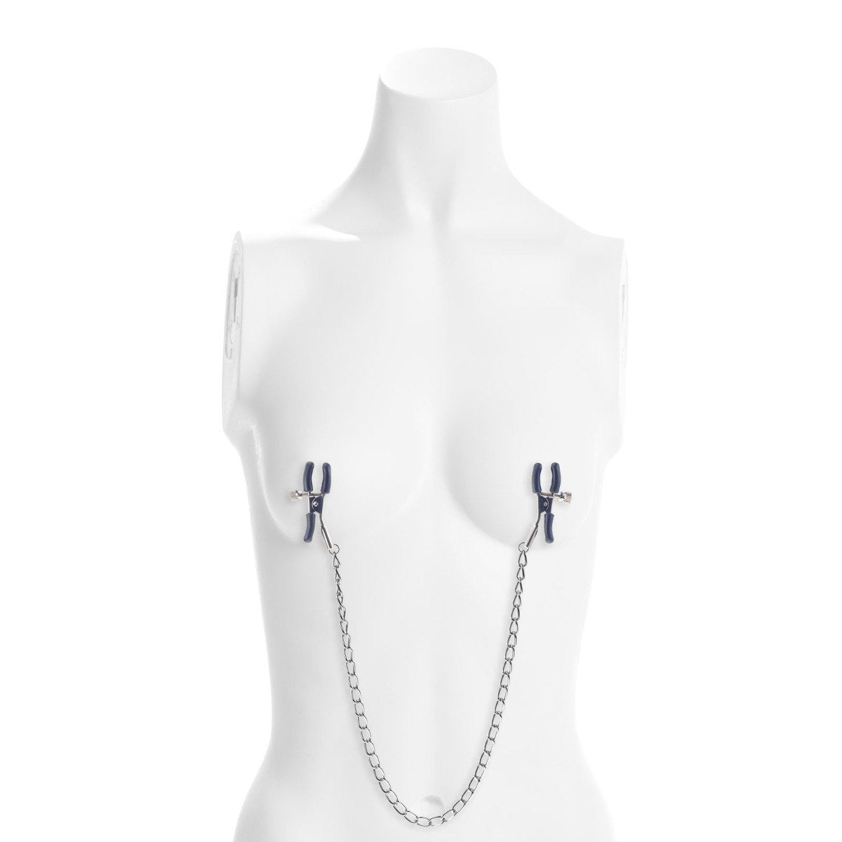 Mannequin wearing a silver chain nipple clamp on a white background