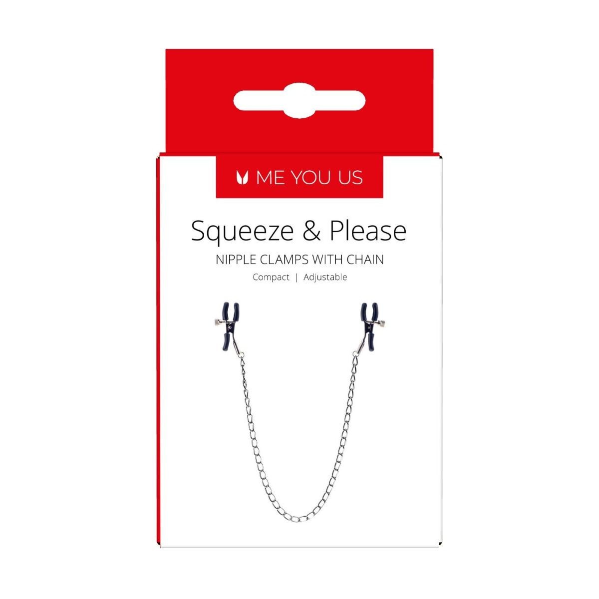 Packaging of nipple clamps with chain labeled 'ME YOU US' on a white background.