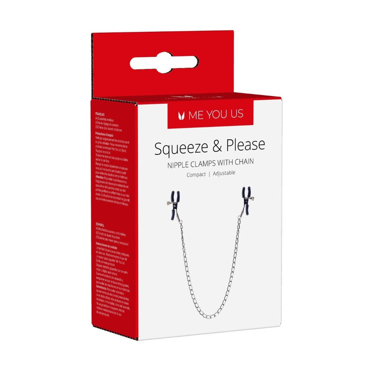 Product packaging for 'Squeeze & Please' nipple clamps with chain on a white background.