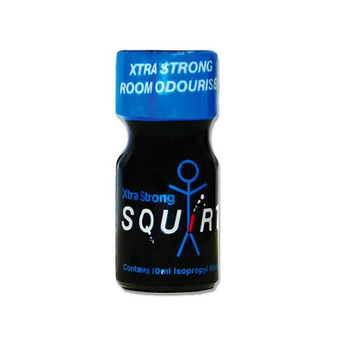 Squirt aroma bottle with blue cap and black body on a white background
