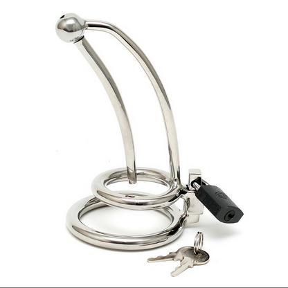 Metal chastity cage with key on a white background