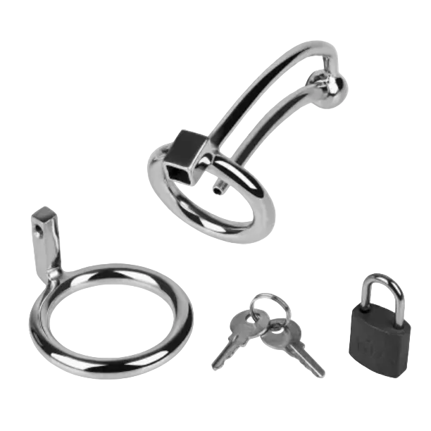 Metallic penis lock mechanism with keys and a padlock on a light gray background