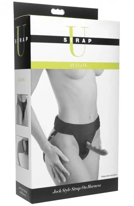 Product packaging for a 'Jock Style Strap On Harness' by U-wrap, featuring a model wearing the product.