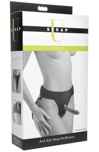 Product packaging for a 'Jock Style Strap On Harness' by U-wrap, featuring a model wearing the product.