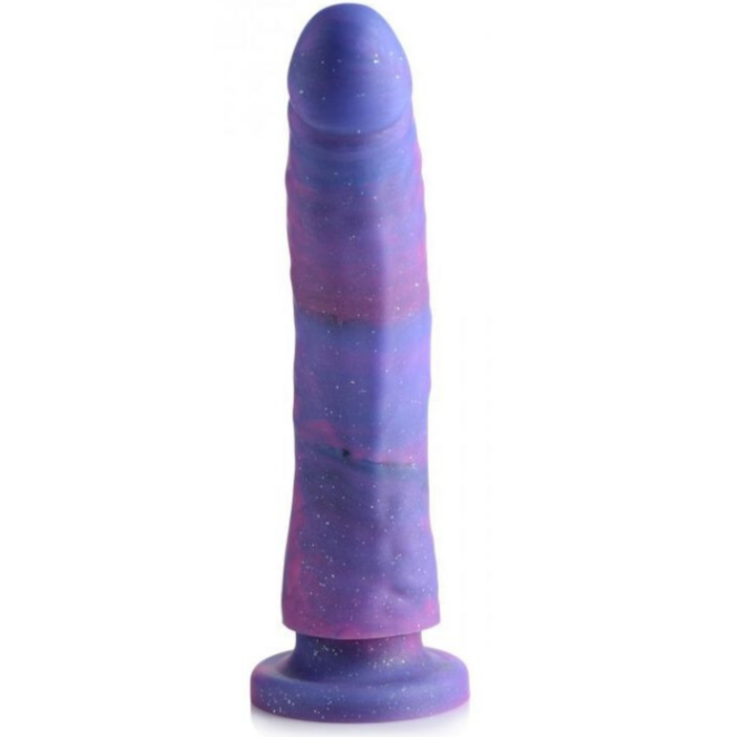Purple and blue speckled dildo on a white background