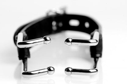 Black leather belt with silver metal hooks on a white background