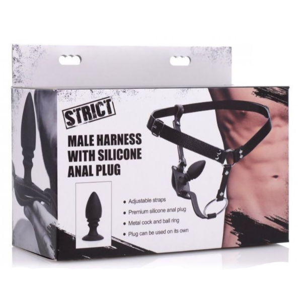 Product packaging of a male harness with silicone anal plug by Strict on a white background.