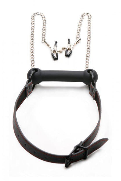 Black leather harness with metal chain on a white background