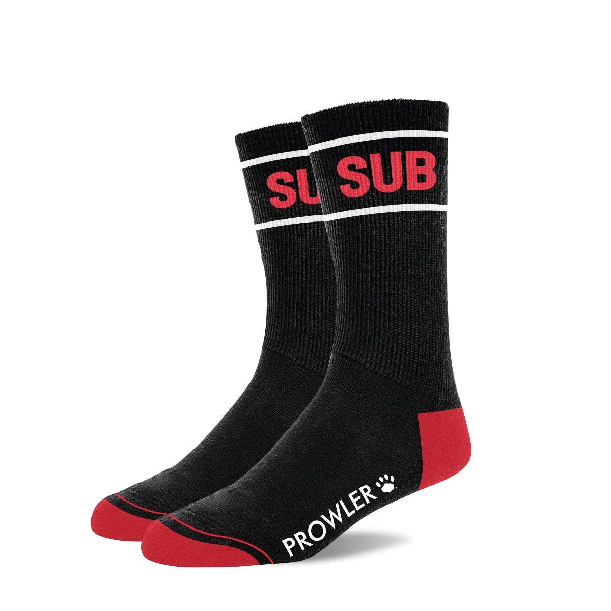 Black socks with red and white text on a white background