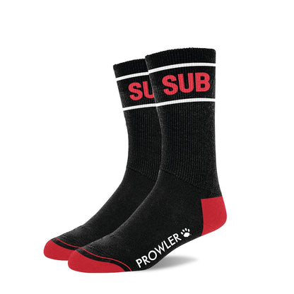 Black socks with red and white text on a white background