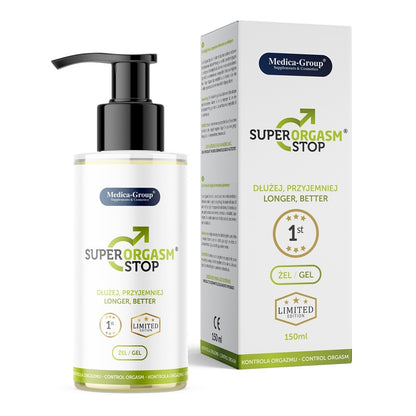SuperOrgasm Stop gel bottle and packaging on a white background