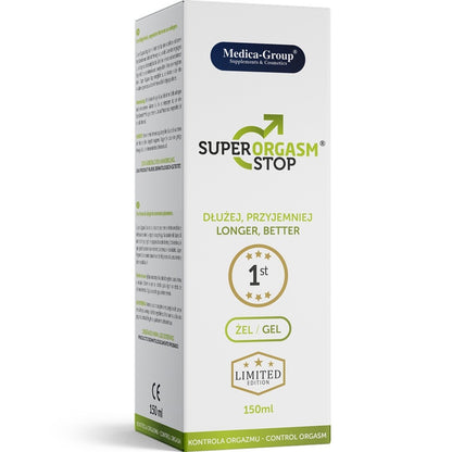 Box of SuperOrgasm Stop gel by Medica Group on a white background