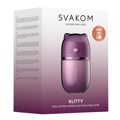 Svakom Klitty Dual Action Licking Suction Clitoral Vibrator Stimulator Packaging Silicone Couples App Remote Control on a white background