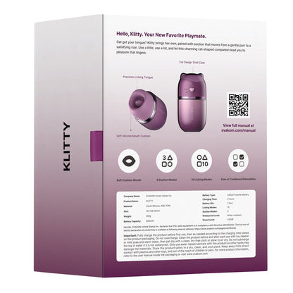 Svakom Klitty Dual Action Licking Suction Clitoral Vibrator Stimulator Packaging Silicone Couples App Remote Control on a white background
