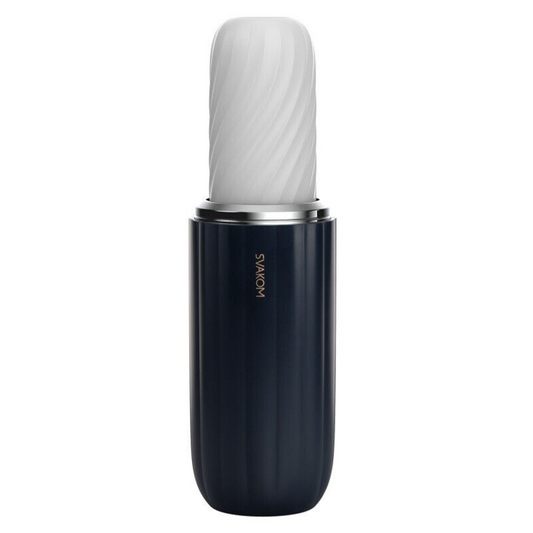 Black and white cylindrical masturbator with 'Svakom' branding on a white background