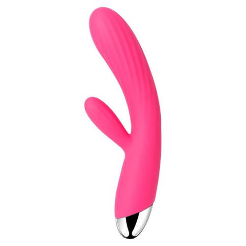 Pink and silver rabbit vibrator on a white background