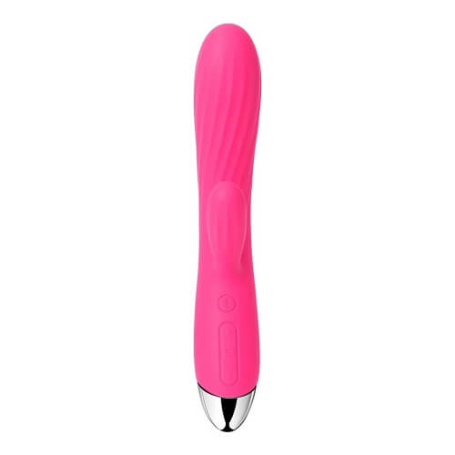 Pink electronic massage device with a silver base on a white background