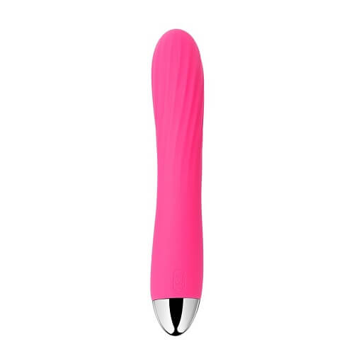 Pink cylindrical object with a silver base on a white background