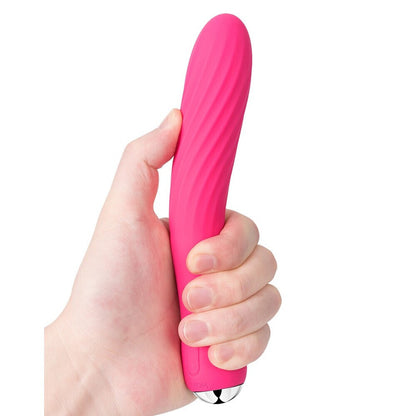 Hand holding a pink electronic massage device against a white background