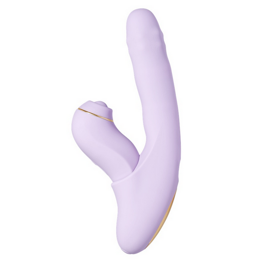 Purple sex toy rabbit with a gold accent on a white background