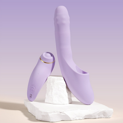 Purple electronic device on a white stand with a light purple background