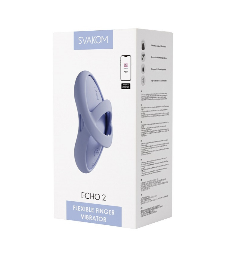 Box of Svakom Echo 2 flexible finger vibrator on a white background
